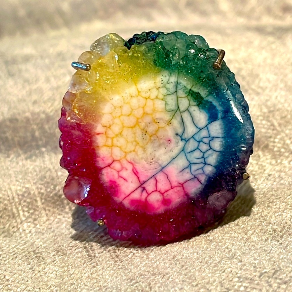 Rainbow Solar Quartz Geodesic Ring Size 7.75